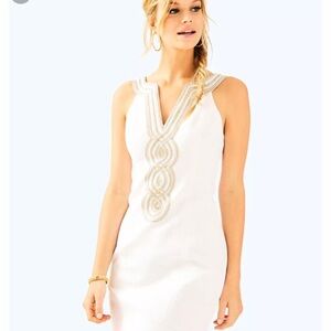 Lilly Pulitzer Valli White Pique Shift Dress Gold & Silver Trim Sleeveless 8